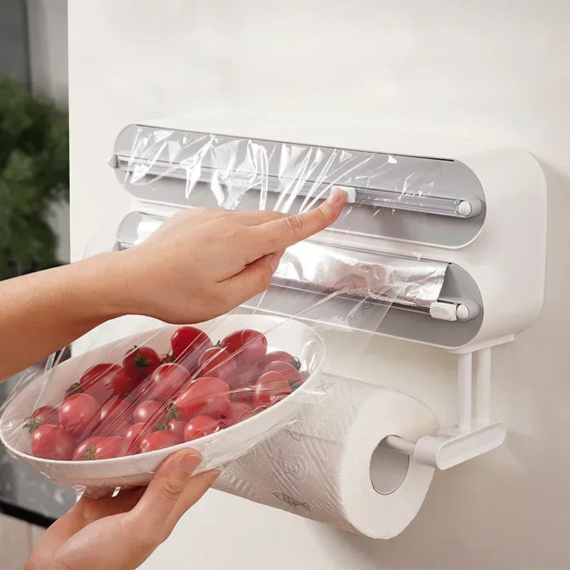 Wall Cling Film Dispenser Wrap Cutter Aluminum Film Foil Dispenser Wall Magnetic Stretch Roll Paper Shelf Kitchen Storage Tool