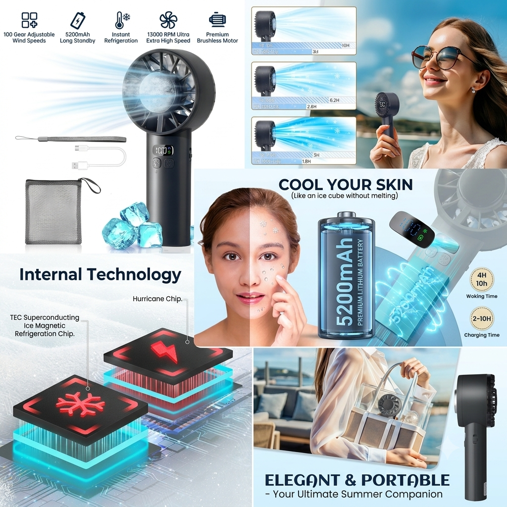 Turbo Handheld Fan with Cooling Pad – 13,000 RPM, 5200mAh