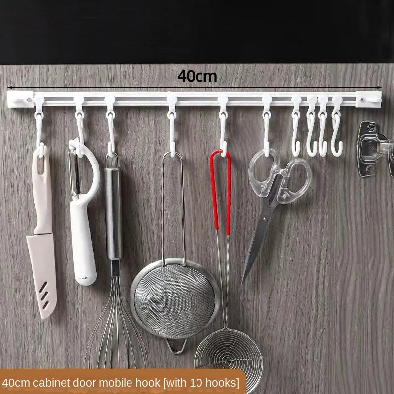 3913 Punch-Free Sliding Track Hook Kitchen Cabinet Door Rear 1 Row 10 Hooks Hanger Rod Adhesive Hook Row Storage