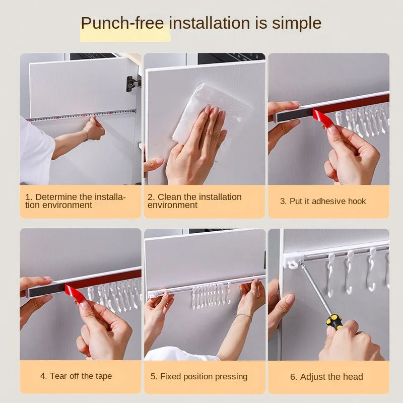 3913 Punch-Free Sliding Track Hook Kitchen Cabinet Door Rear 1 Row 10 Hooks Hanger Rod Adhesive Hook Row Storage