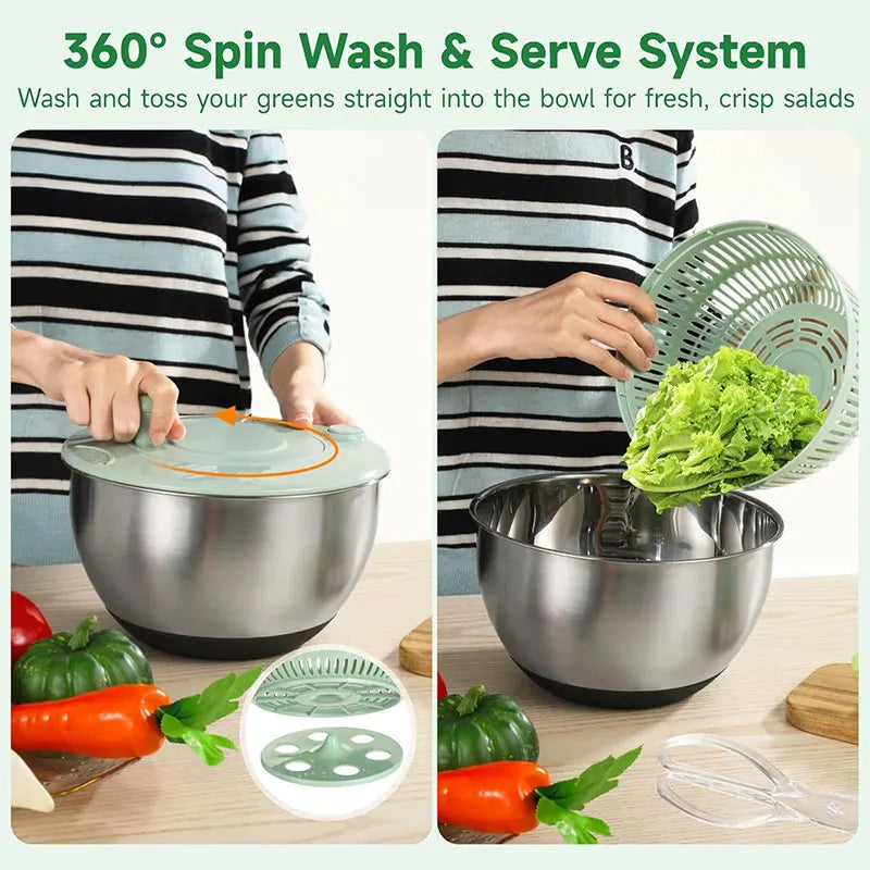 Stainless Steel Salad Spinner with Slicer Set 5 Qt Large Rotation Vegetable Washer Includes 5 Chopping Blades Slicer Drain Bowl