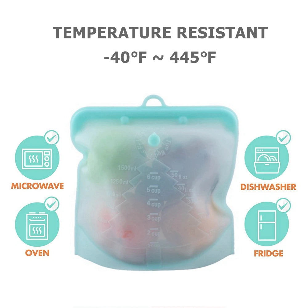 Silicone Reusable Food Bag 1 Piece 1500Ml 50Oz Leakproof Containers Reusable Fresh Bag Food Storage Bag Freezer Bag Snack