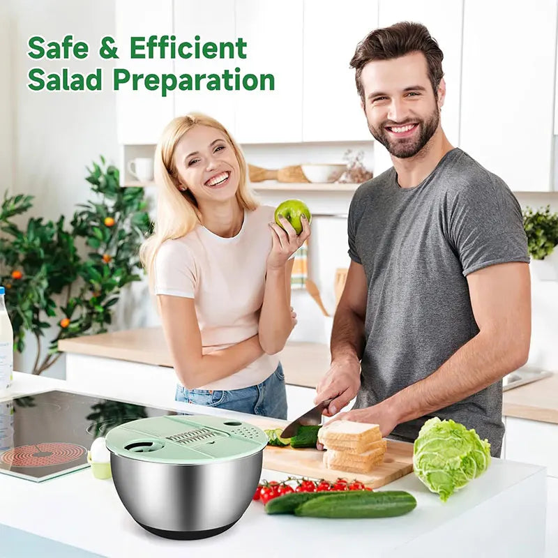 Stainless Steel Salad Spinner with Slicer Set 5 Qt Large Rotation Vegetable Washer Includes 5 Chopping Blades Slicer Drain Bowl