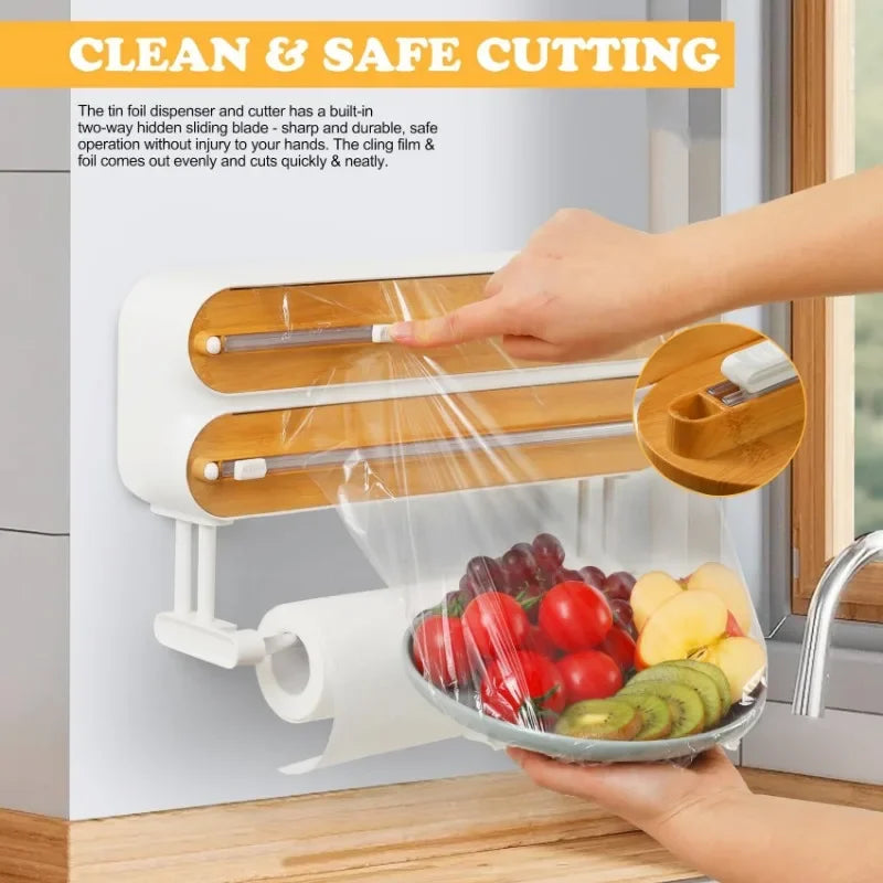 Wall Cling Film Dispenser Wrap Cutter Aluminum Film Foil Dispenser Wall Magnetic Stretch Roll Paper Shelf Kitchen Storage Tool
