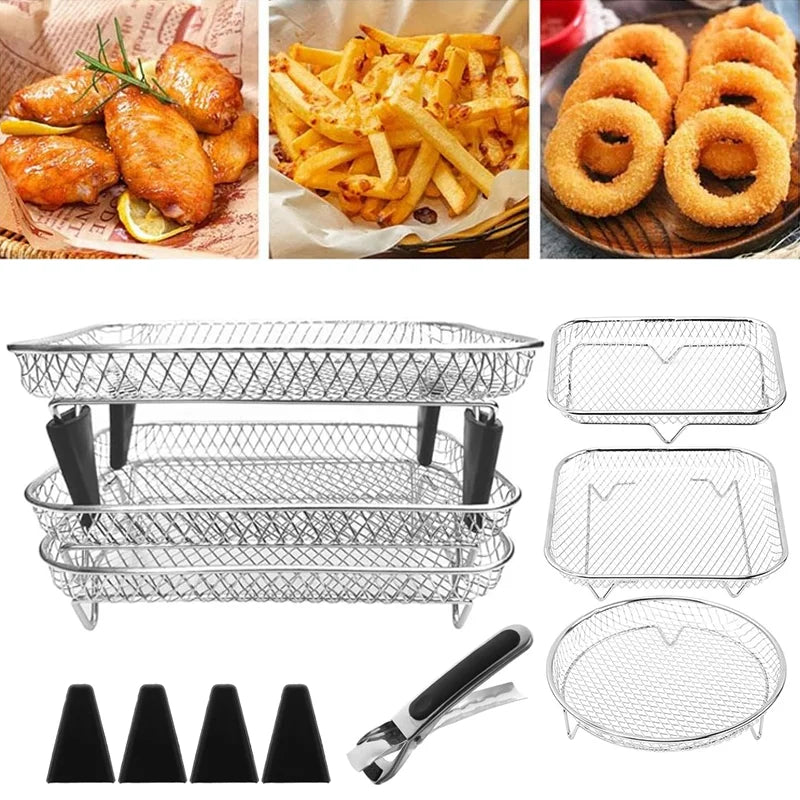 3 Layer Air Fryer Grille Suitable for Air Fryers Oven Grill Stainless Steel Stackable Grill Kitchen Utensils Cook Multiple Foods