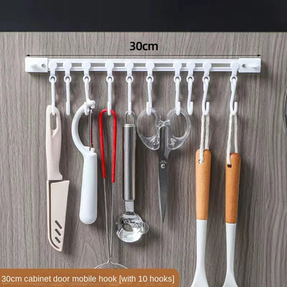3913 Punch-Free Sliding Track Hook Kitchen Cabinet Door Rear 1 Row 10 Hooks Hanger Rod Adhesive Hook Row Storage