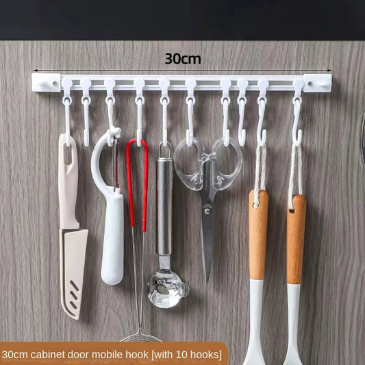 3913 Punch-Free Sliding Track Hook Kitchen Cabinet Door Rear 1 Row 10 Hooks Hanger Rod Adhesive Hook Row Storage