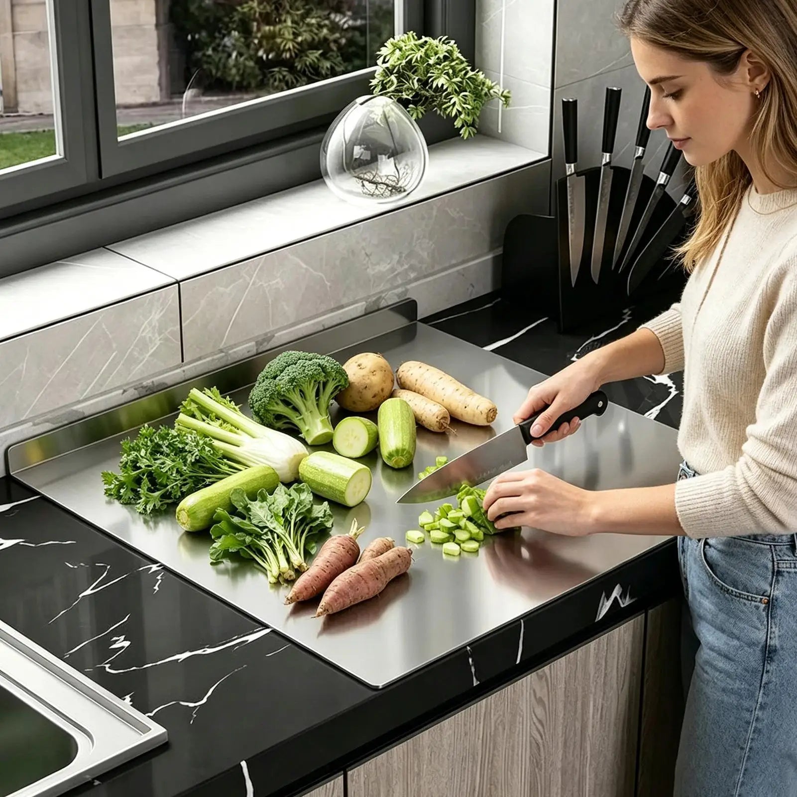 Steel Cutting Board with Counter Lip Stainless Steel Large Non-Slip Chopping Tool Countertop Cutting Board for Raw Cooked Bread