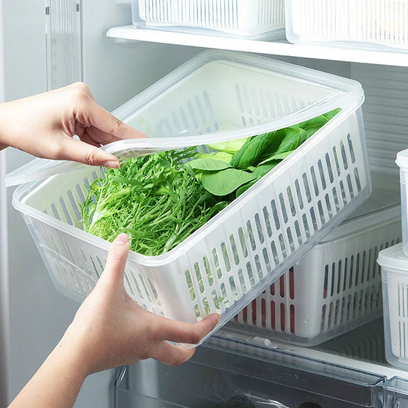 Refrigerator Organizer Fridge Storage Box Fresh Vegetable Fruit Boxes Drain Basket Storage Containers Pantry Kitchen Organizer