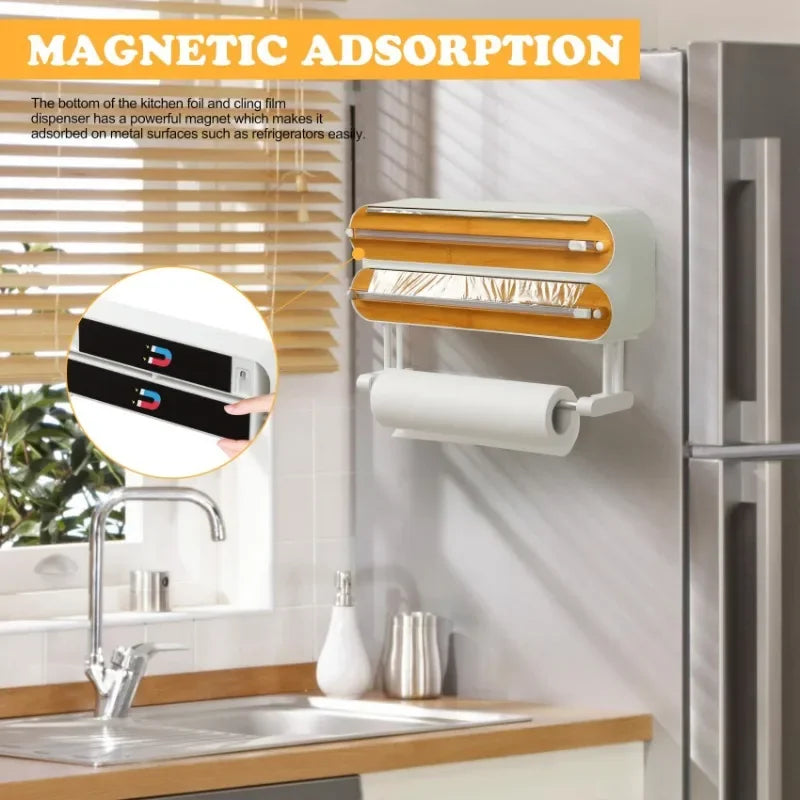 Wall Cling Film Dispenser Wrap Cutter Aluminum Film Foil Dispenser Wall Magnetic Stretch Roll Paper Shelf Kitchen Storage Tool