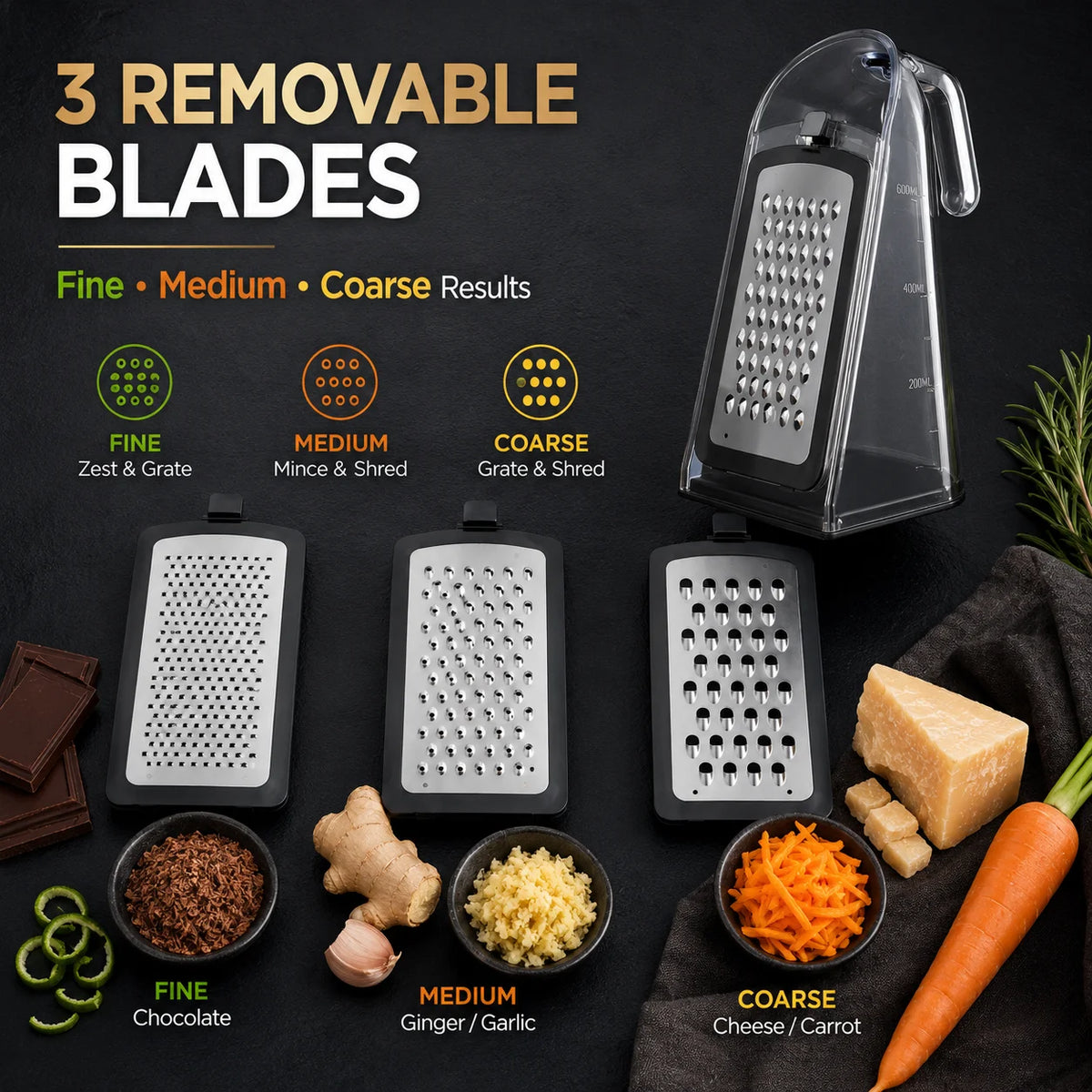 Multifunctional Cheese Grater with 3 Replaceable Blades Storage Box Cleaning Brush for Vegetable Fruit Chocolate Shredding
