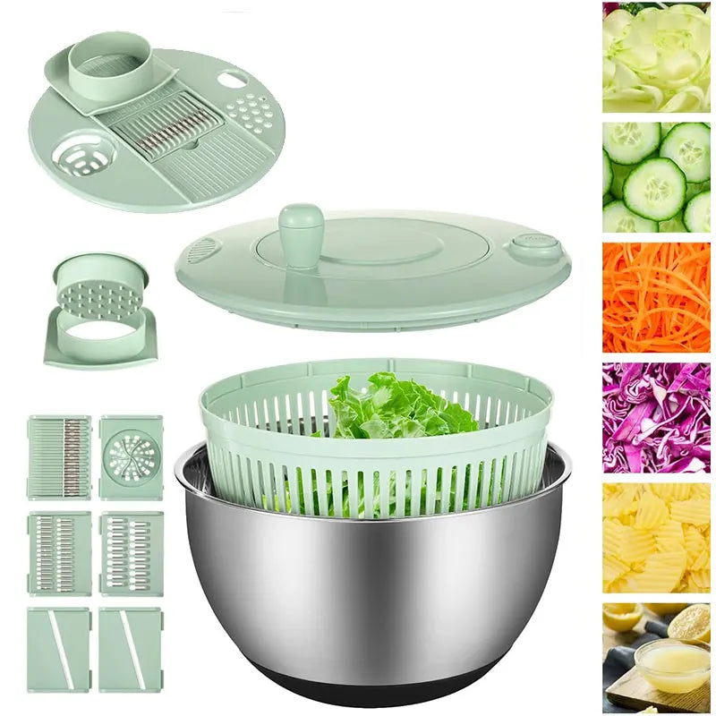 Stainless Steel Salad Spinner with Slicer Set 5 Qt Large Rotation Vegetable Washer Includes 5 Chopping Blades Slicer Drain Bowl