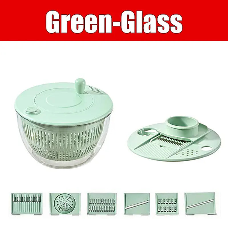 Stainless Steel Salad Spinner with Slicer Set 5 Qt Large Rotation Vegetable Washer Includes 5 Chopping Blades Slicer Drain Bowl
