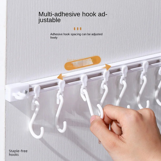 3913 Punch-Free Sliding Track Hook Kitchen Cabinet Door Rear 1 Row 10 Hooks Hanger Rod Adhesive Hook Row Storage