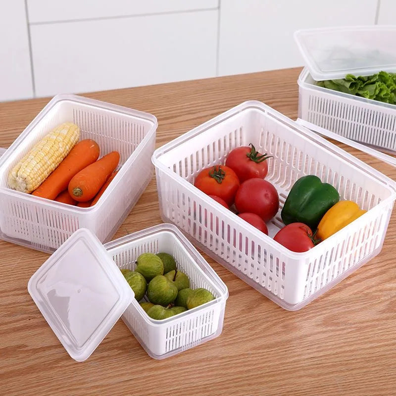 Refrigerator Organizer Fridge Storage Box Fresh Vegetable Fruit Boxes Drain Basket Storage Containers Pantry Kitchen Organizer