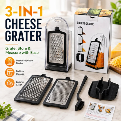 Multifunctional Cheese Grater with 3 Replaceable Blades Storage Box Cleaning Brush for Vegetable Fruit Chocolate Shredding