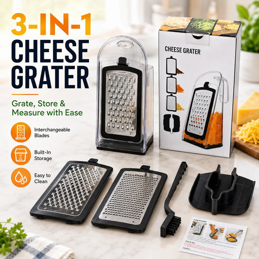 Multifunctional Cheese Grater with 3 Replaceable Blades Storage Box Cleaning Brush for Vegetable Fruit Chocolate Shredding