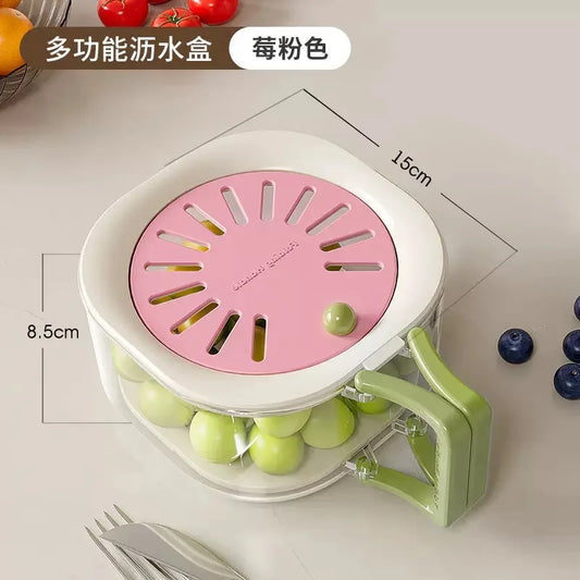 2-In-1 Double Layer Drain Basket Fruit Drainer Container with Foldable Handle Food Strainer Thickened Fruit Plate Easy to Clean