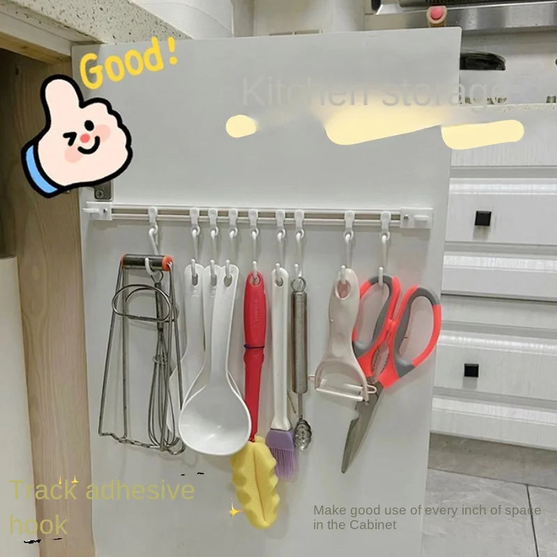 3913 Punch-Free Sliding Track Hook Kitchen Cabinet Door Rear 1 Row 10 Hooks Hanger Rod Adhesive Hook Row Storage