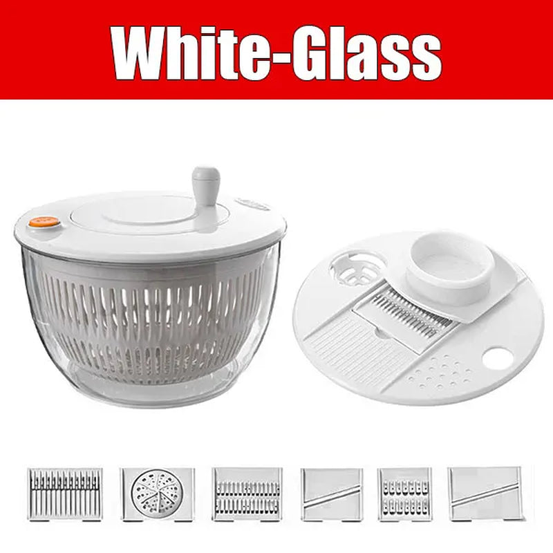 Stainless Steel Salad Spinner with Slicer Set 5 Qt Large Rotation Vegetable Washer Includes 5 Chopping Blades Slicer Drain Bowl