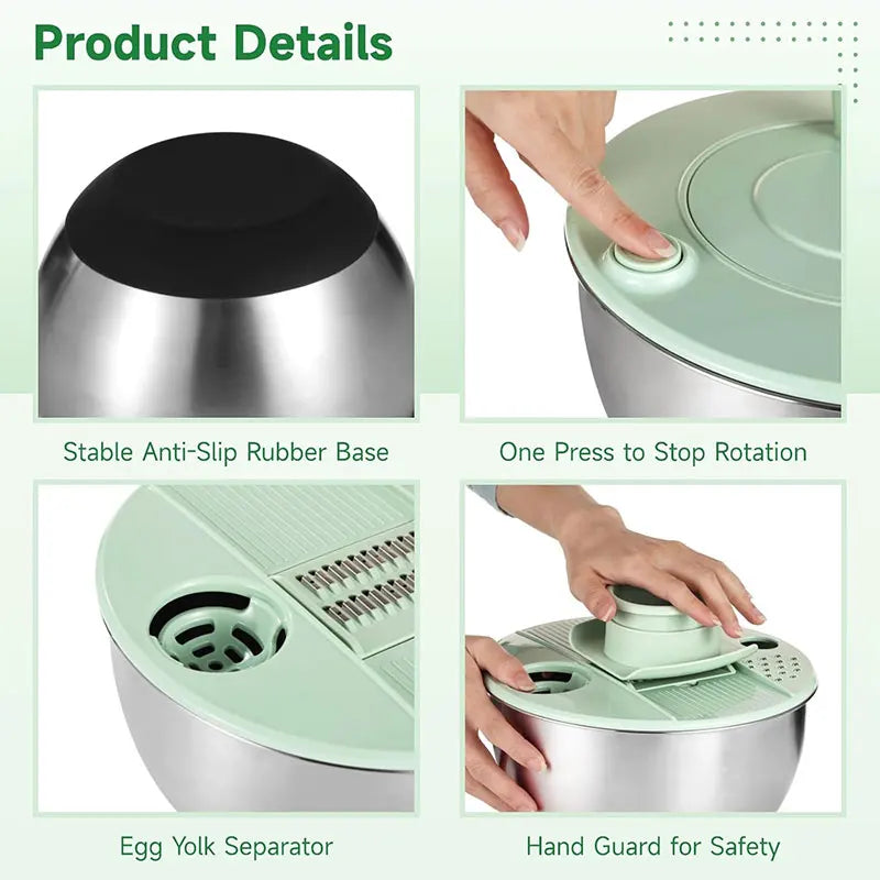 Stainless Steel Salad Spinner with Slicer Set 5 Qt Large Rotation Vegetable Washer Includes 5 Chopping Blades Slicer Drain Bowl