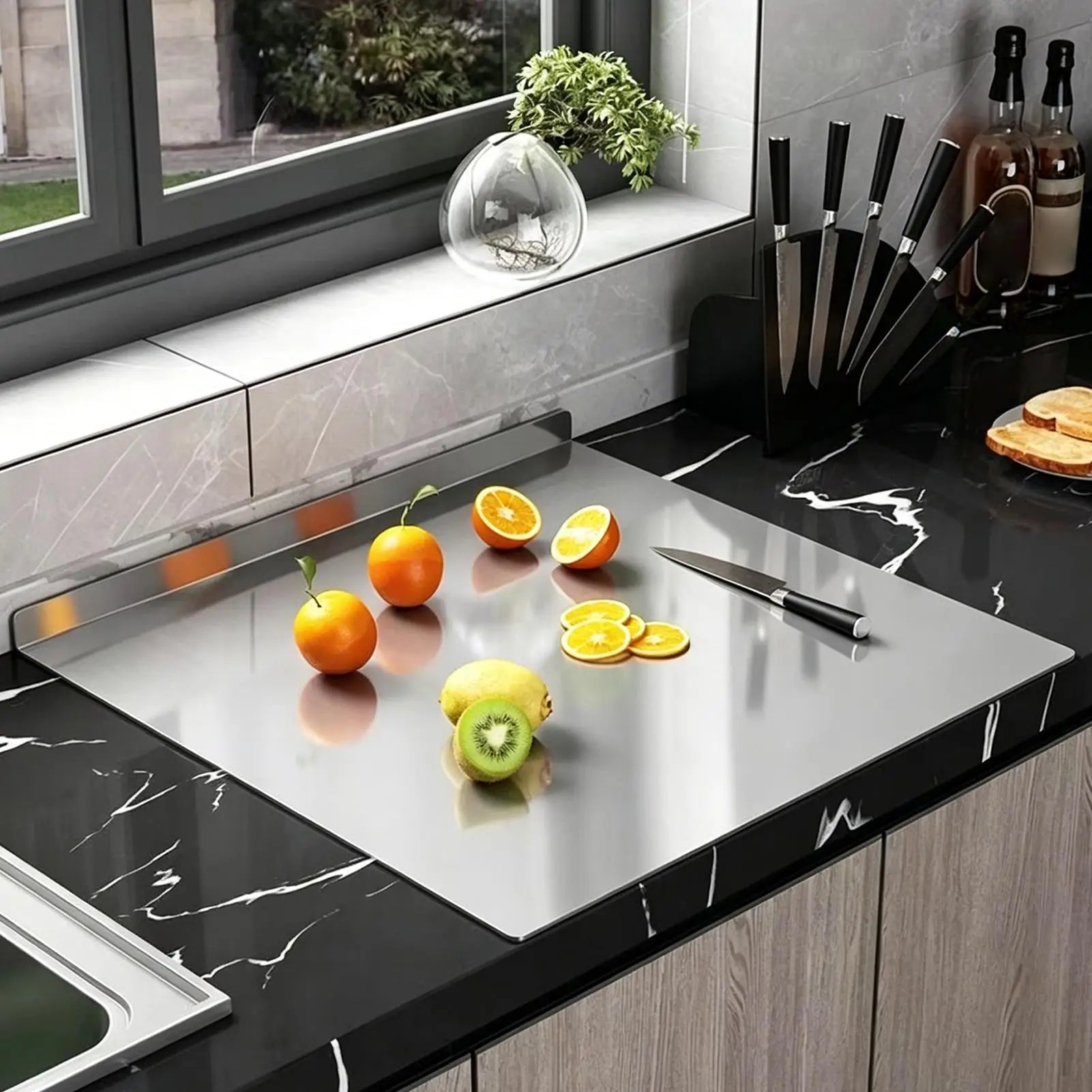 Steel Cutting Board with Counter Lip Stainless Steel Large Non-Slip Chopping Tool Countertop Cutting Board for Raw Cooked Bread