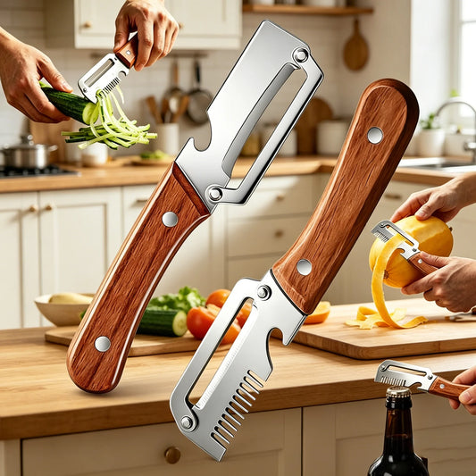 Multi Functional Vegetable Peeler Stainless Steel with Wooden Handle Fruit Potato Slicer Bottle Opener Kitchen Peeling Tools