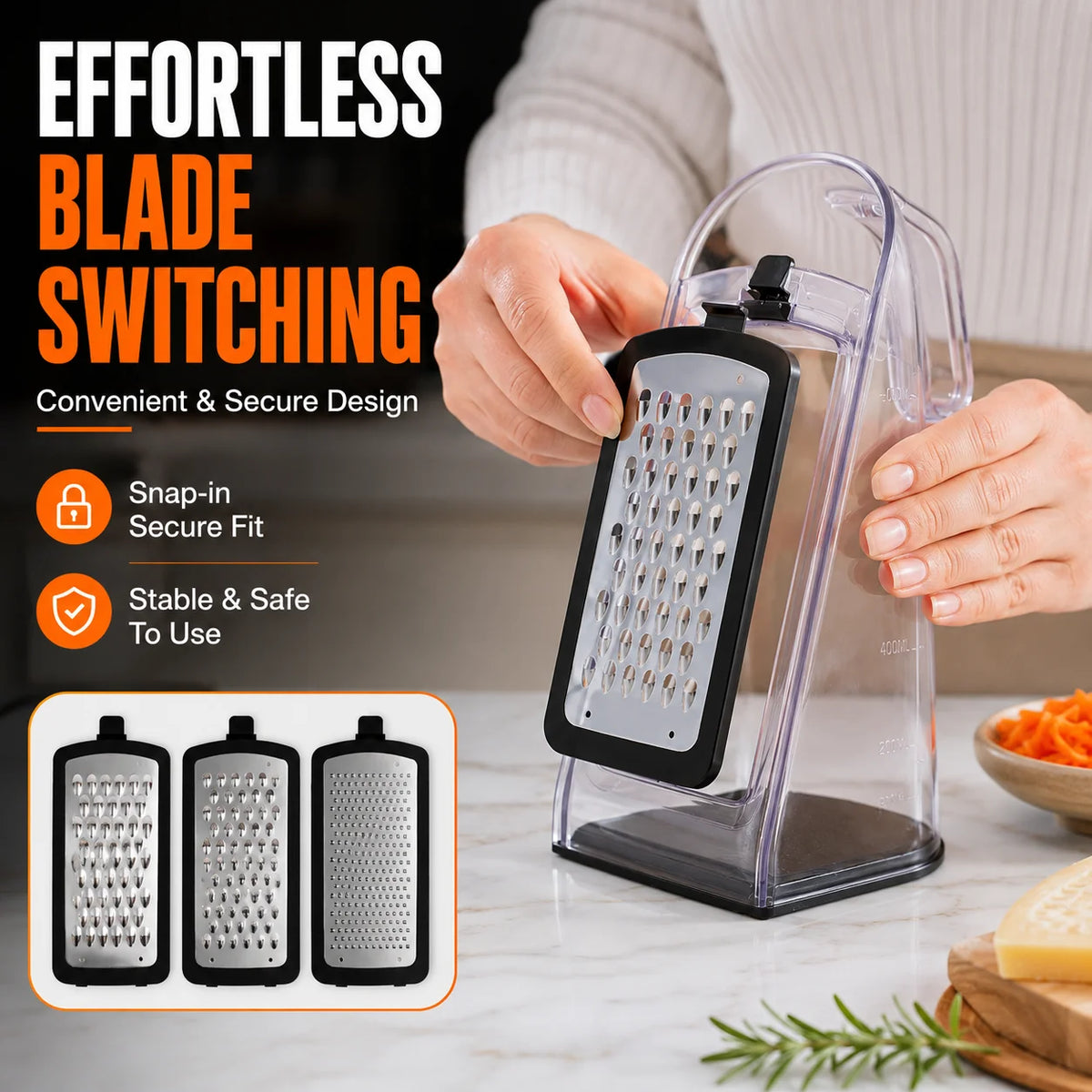 Multifunctional Cheese Grater with 3 Replaceable Blades Storage Box Cleaning Brush for Vegetable Fruit Chocolate Shredding