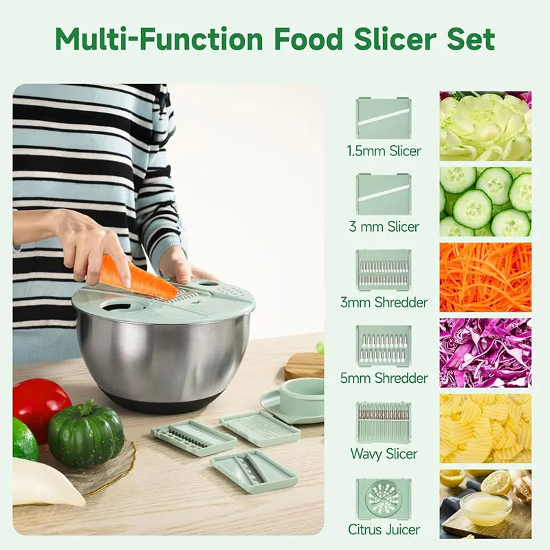 Stainless Steel Salad Spinner with Slicer Set 5 Qt Large Rotation Vegetable Washer Includes 5 Chopping Blades Slicer Drain Bowl