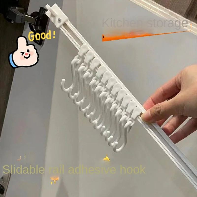 3913 Punch-Free Sliding Track Hook Kitchen Cabinet Door Rear 1 Row 10 Hooks Hanger Rod Adhesive Hook Row Storage